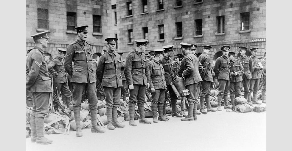 Soldiers line up in preparation to leave