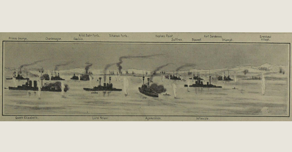 A general view of the action in the Dardanelles at about 1pm on 18 Mach - the hottest period of action that day
