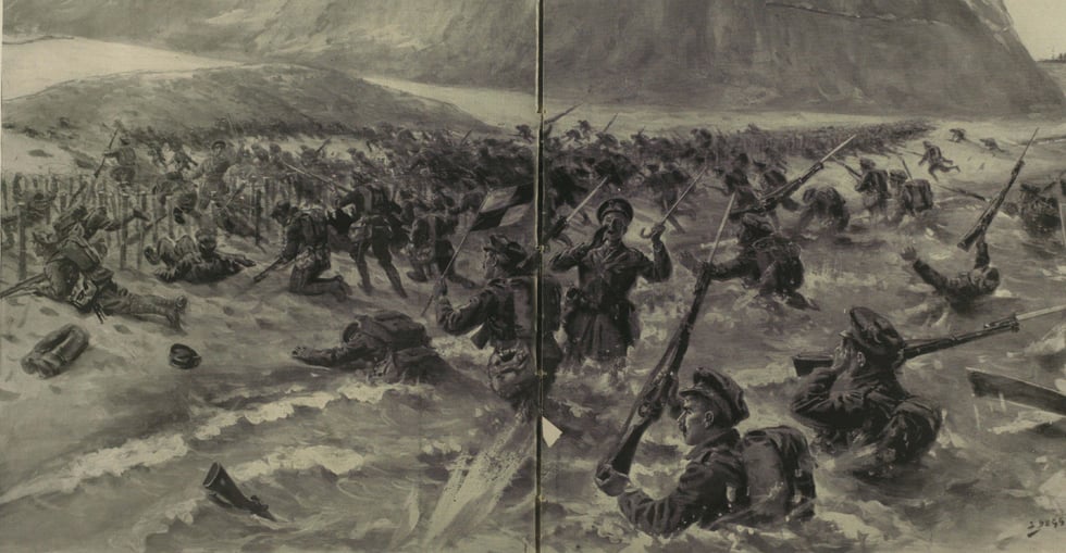 The opening phase of the Lancashire Fusiliers' attack on 25 April 1915, which won three Victoria Crosses for the battalion