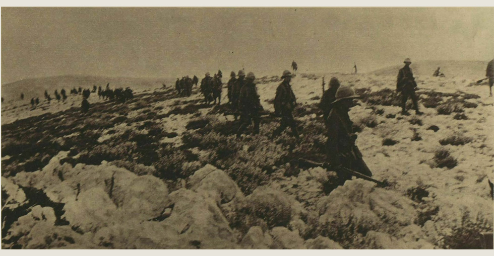 Part of the Naval Brigade moving across a ridge near Cape Helles