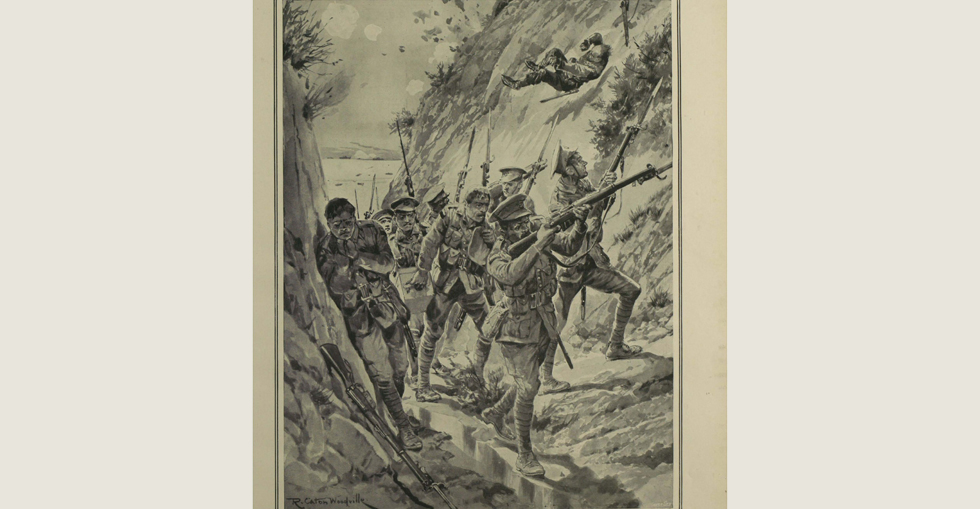 Reserves of the 3rd Australian Brigade battling their way up a narrow ravine with ammunition supplies and maxims