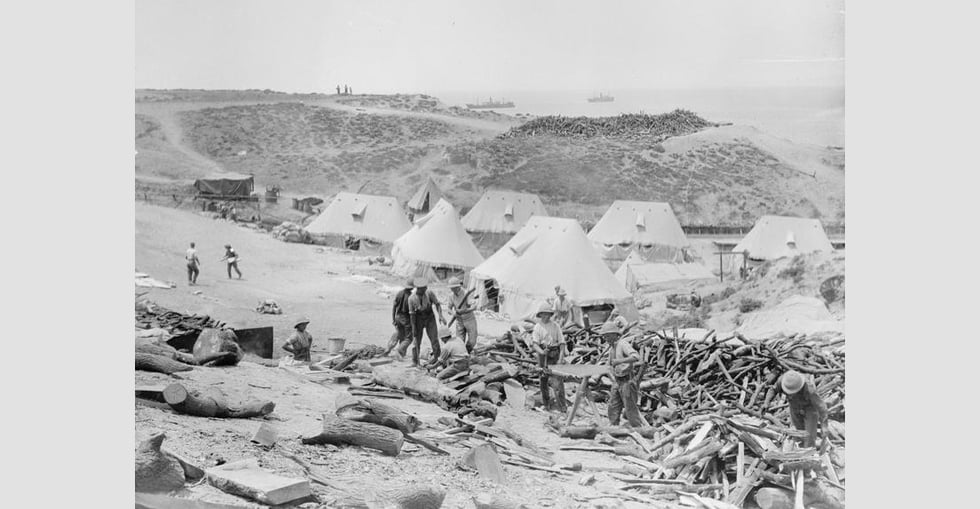 The bakery at Cape Helles (Bakery Beach) from which bread was first issued on 21 May 1915. Above Bakery Beach was the best place to 'win' wood, a very scarce commodity.