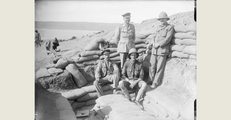 Captain Geoffrey Taylour (seated left), Lieutenant Colonel Mervyn Wingfield (seated right), Lieutenant Colonel Bernard Forbes (standing left) and Colonel John Stewart-Murray (standing right). Taken at Anzac Cove.