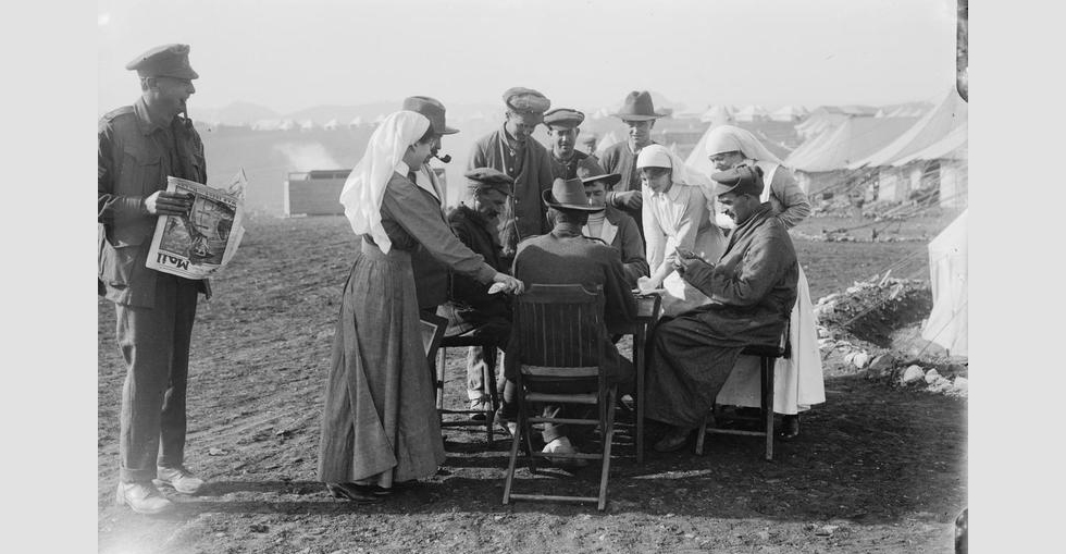 Australian and British soldiers, accompanied by army nurses, playing cards at the Australian hospital at Mudros