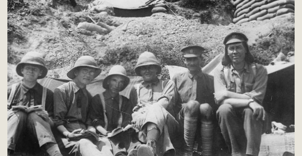 A group of chaplains on Anzac in September 1915. From left to right: Chaplains Merrington, A.I.F.; King, N.Z.E.F.; Dale, Royal Irish Rifles; McMenamin, N.Z.E.F.; O'Connor and Crozier, both of the Royal Irish Rifles.
