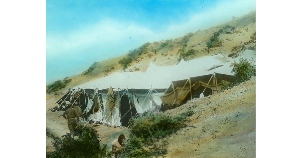 Tent of a small army encampment on a hillside at Gallipoli.