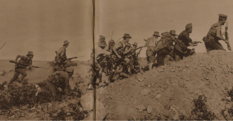 Australians charging near a Turkish trench just before the evacuation of ANZAC
