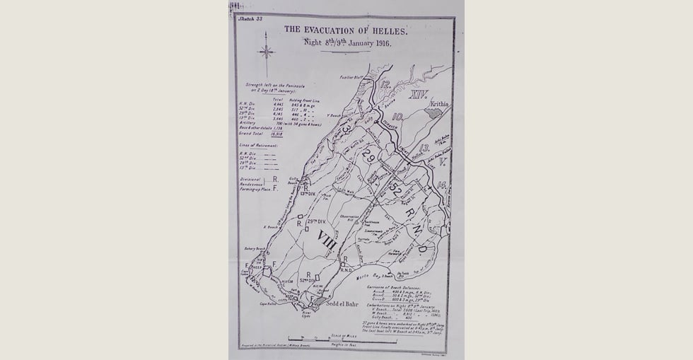 Plan for the evacuation of Helles on the night of 8/9 January 1916.