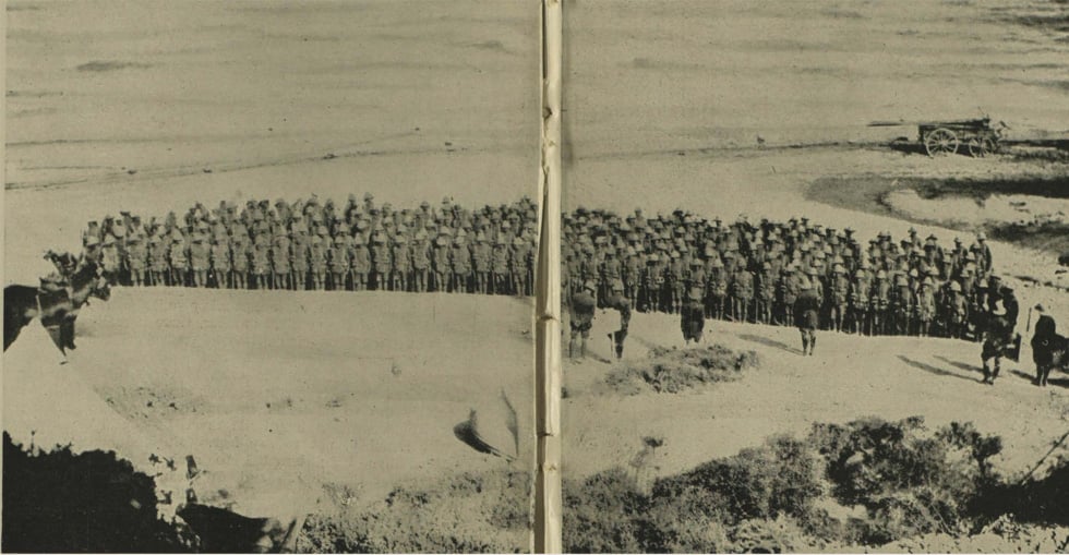 The 2nd Hampshires on parade at Gully Beach, two days after going into action 800 strong