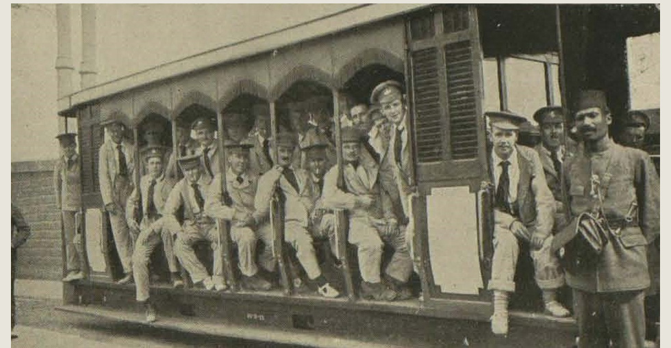 Gallipoli soldiers recuperating in Egypt: Wounded men enjoying a free ride on a Cairo tram through the streets and bazaars