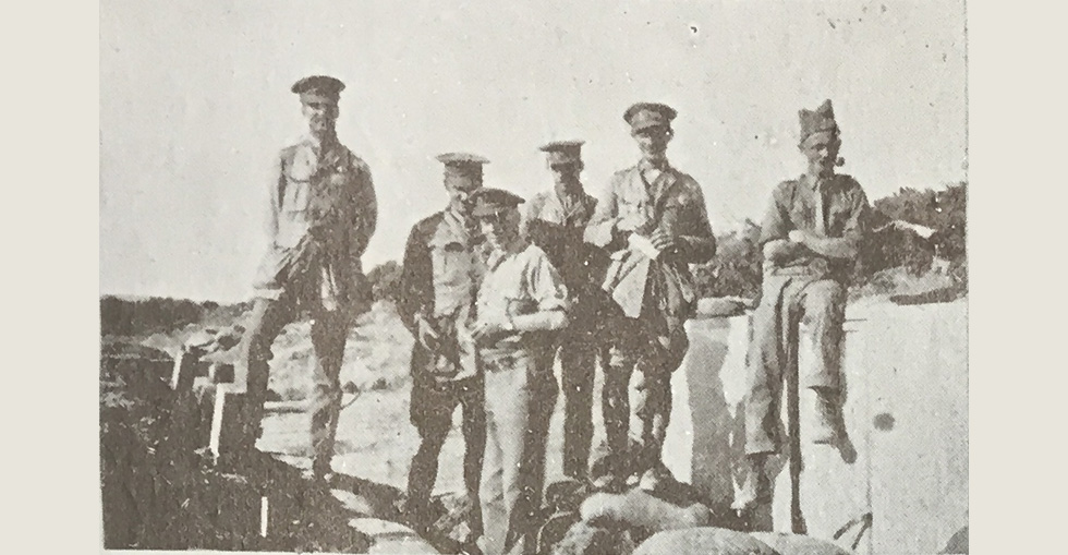 Group of officers, 66th Field Company, RE, 10th Division - Left to right Major Holmes, Lt Sleigh, Lt Sterne, Lt Ferguson, Capt Satterthwaite and Lt JH Waller