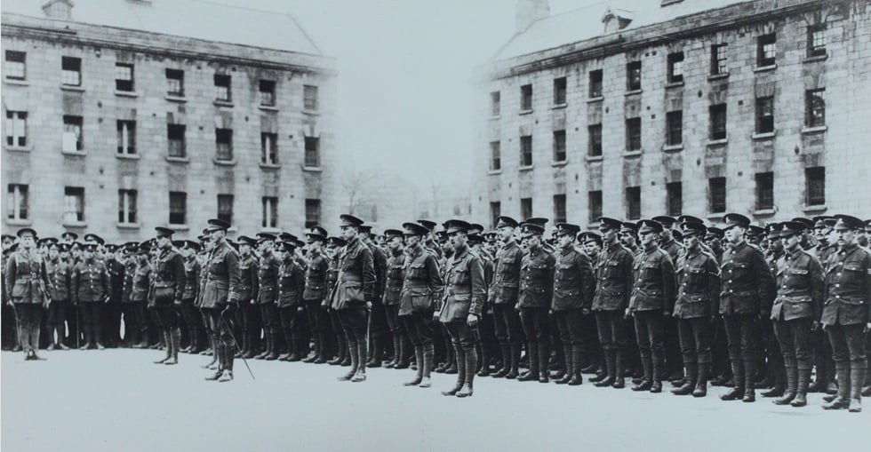 Soldiers stand to attention at the Royal Barracks