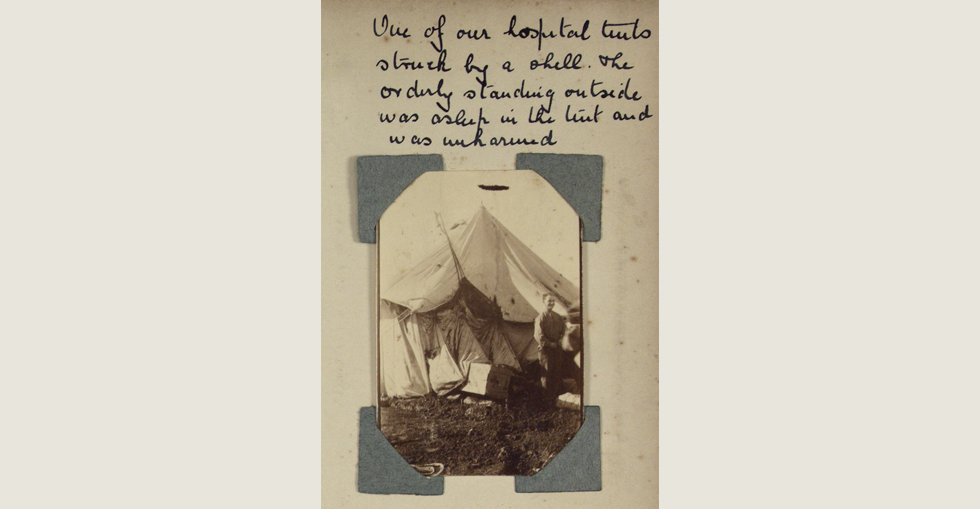 A tent hit by a shell