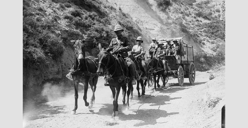 A horse drawn ambulance wagon passing through Gully Ravine, Helles Front.