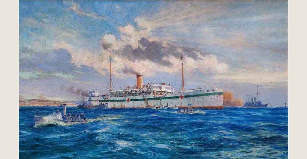The Royal Navy hospital ship 'Somali', painted in white and marked with red cross symbols, moored at sea off Cape Helles. Painted by Oscar Parkes.