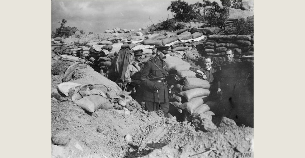 Lord Horatio Kitchener, visiting ANZAC, returning through the trenches, to the beach from Russell's Top and Bully Beef Sap, 13 Nov 1915. With him is General William Birdwood.