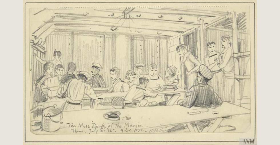 In the Mess Deck, Manica, 9.30pm, July 8th 1915:  a sketch, by Herbert Hillier, of the interior of the mess deck of HMS Manica, with sailors sitting at long wooden benches.