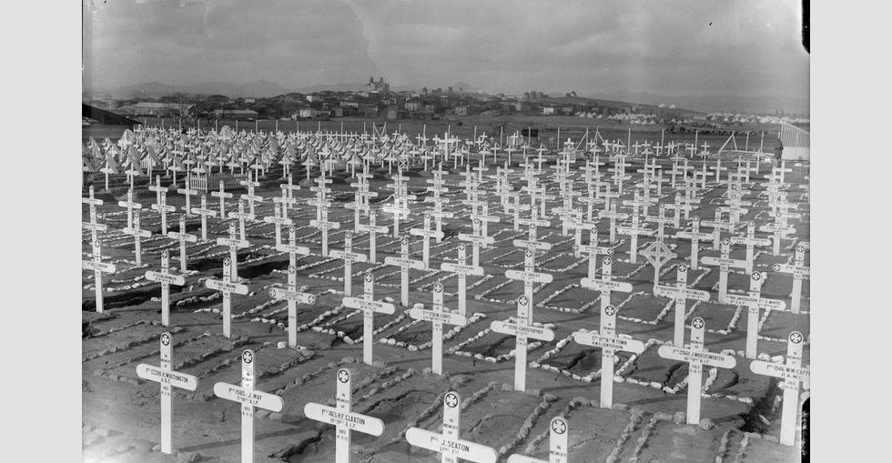 An Allied Forces cemetery showing the village of Mudros in the background
