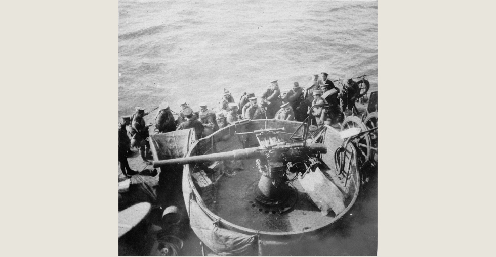 View of the deck of a destroyer waiting to land New Zealand troops at ANZAC Cove