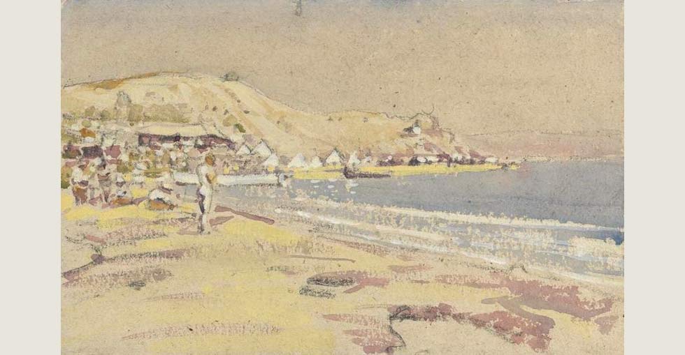 Painting of 'V' Beach at Helles in Gallipoli by Geoffrey Stephen Allfree