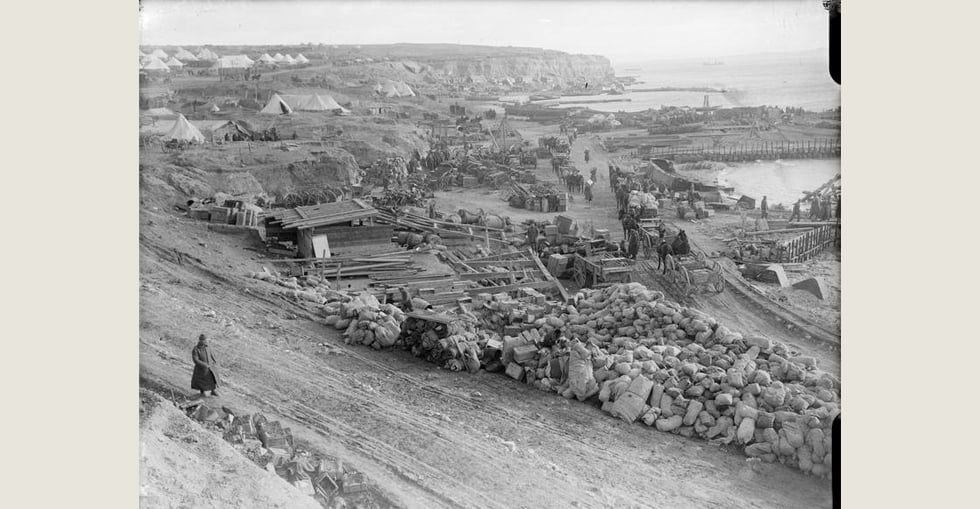 Preparations for evacuation at Lancashire Landing, 'W' Beach, Cape Helles, 7 Jan 1916