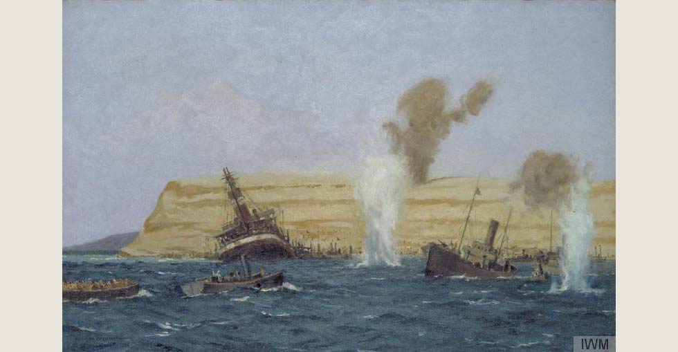 The Base Camp, Cape Helles, Under Shell Fire, August 1915: The 'SS River Clyde' is seen aground. Painted by Norman Wilkinson.