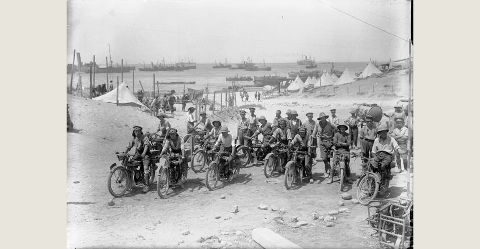 Despatch riders of the Royal Engineers on a beach at Gallipoli.