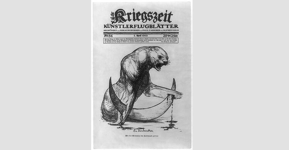 A small sea-lion, representing Great Britain, with flippers impaled on points of Turkish crescent. The cartoon refers to the British defeat by Turkey in the Dardanelles campaign, 1915.