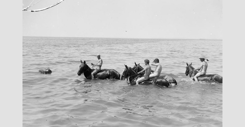Soldiers taking their horses into the sea.