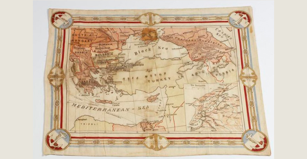 First World War period fabric map of the Dardanelles sold as a souvenir of the 1915 Gallipoli campaign