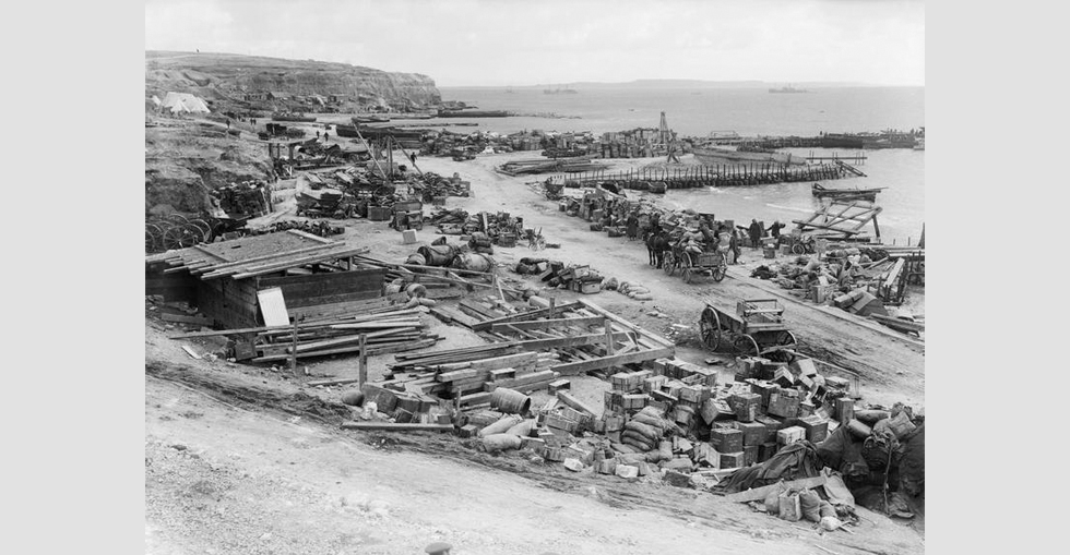Supplies and engineering stores at 'Lancashire Landing', 'W' Beach, Cape Helles, 8 Jaunuary 1916, just prior to the final evacuation of British troops.
