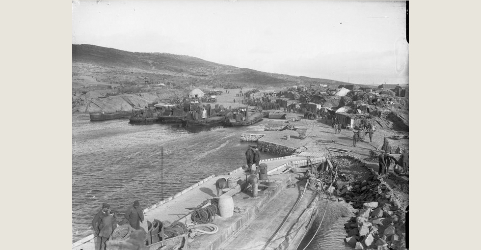 The scene at Suvla Point ('A' West Beach) prior to the evacuation. Note the 'beetles' in the harbour constructed by 5th Anglesey Company, Royal Engineers, December 1915.