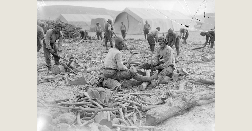 Turkish prisoners chopping up firewood, which was very scarce.