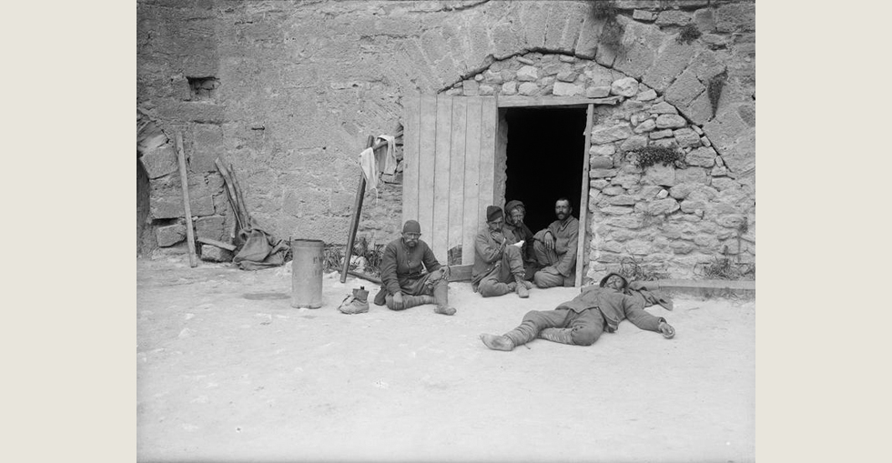 Turkish prisoners captured during the landings at Gallipoli seen in the courtyard of the old fort at Sedd el Bahr, Cape Helles, Turkey.