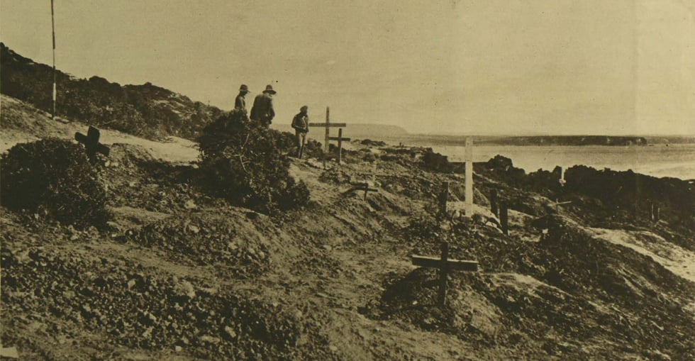 A cemetery for Australian officers killed in Gallipoli, with Gaba Tepe in the distance