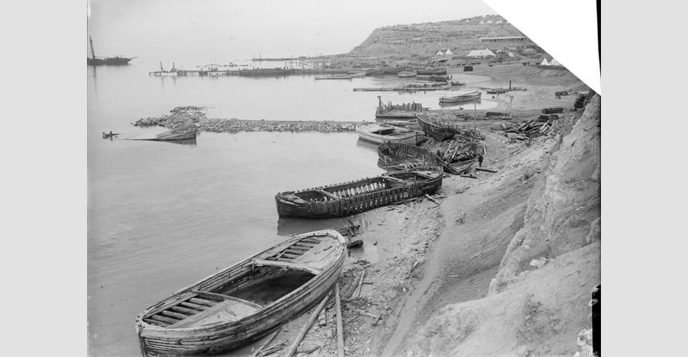 View of 'W' Beach (Lancashire Landing), Cape Helles, showing wreckage caused by the southerly gale.