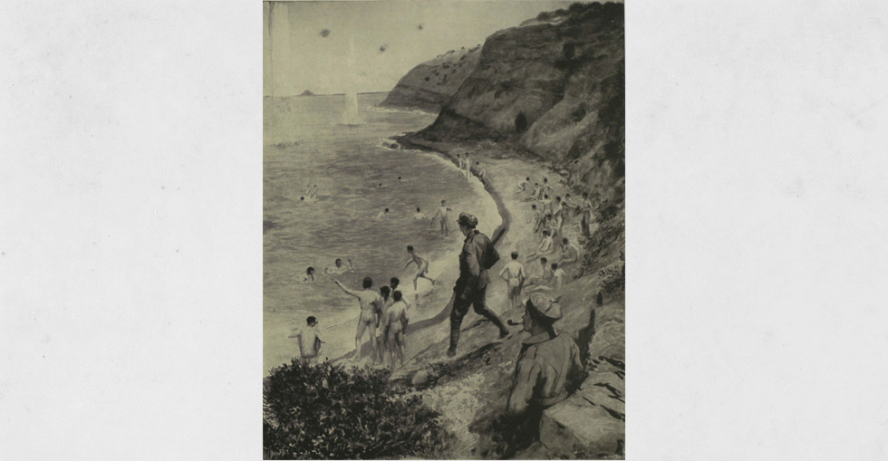 Men of the Inniskilling Fusiliers bathing on the Gallipoli peninsula after a spell in the trenches before Achi Baba