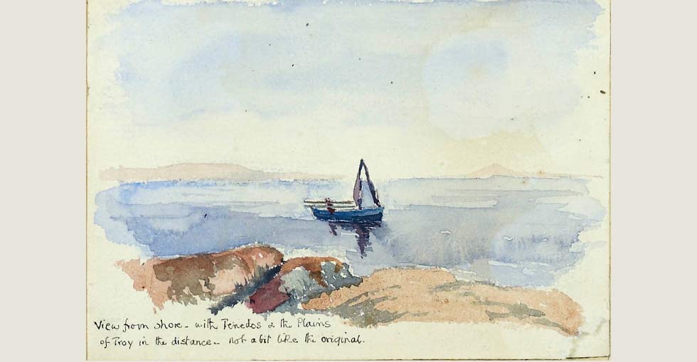 View from the shore, with Tenedos and the plains of Troy in the distance