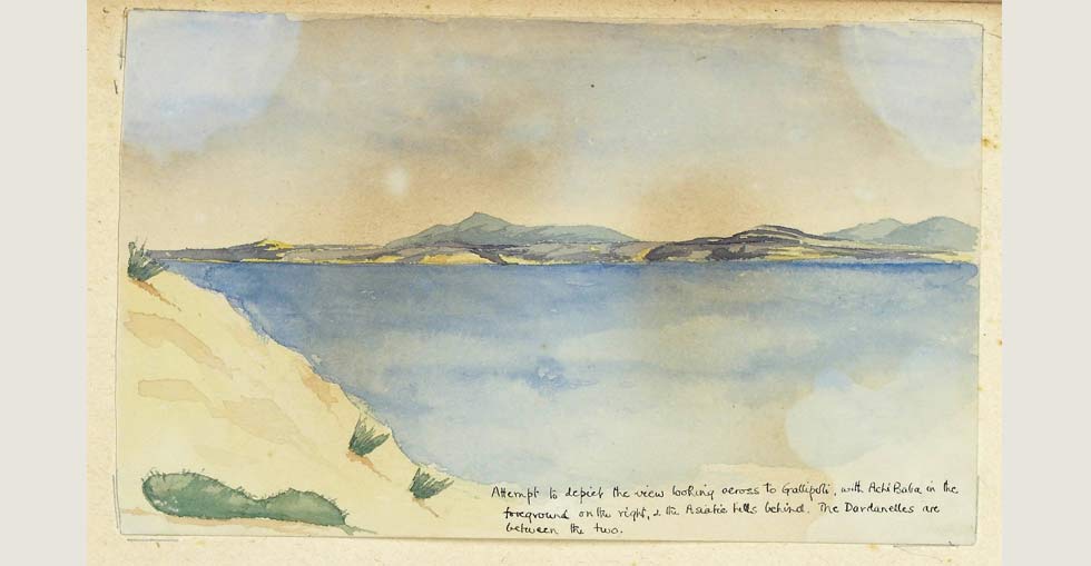 Attempt to depict the view looking across to Gallipoli, with Achi Baba in the foreground on the right and the Asiatic hill behind. The Dardanelles are between the two.