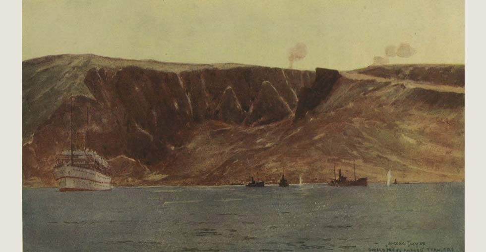 ANZAC from the sea. Another view of the famous bay with Turkish shells falling among trawlers lying off the landing place.