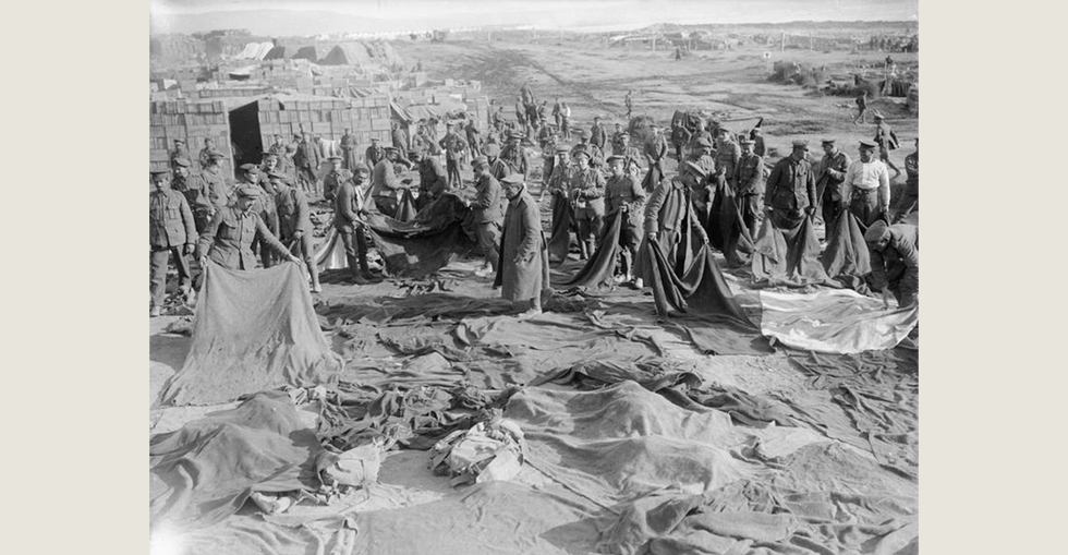 British troops drying blankets at Suvla Bay after the storm at the end of November 1915