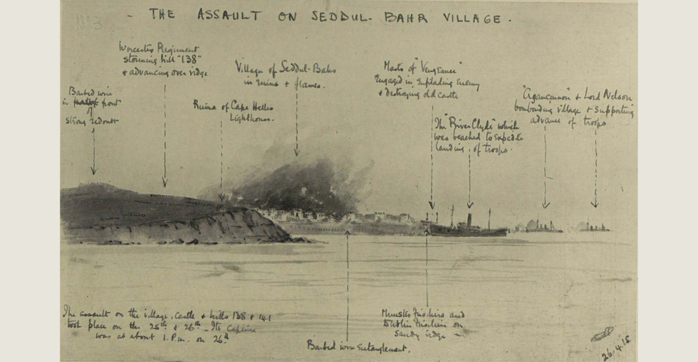The transport 'River Clyde' carrying her 2,000 troops ashore during the assault on Sedd el Bahr