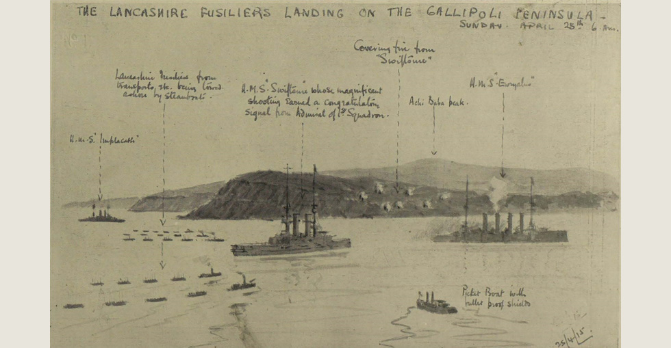 The Lancashire Fusiliers landing on the Gallipoli Peninsula, 6am on Sunday 25 April